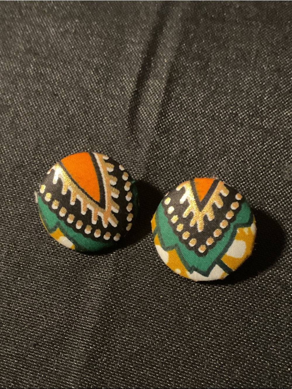 Handmade Fabric Button Earrings in Green, Orange, Black